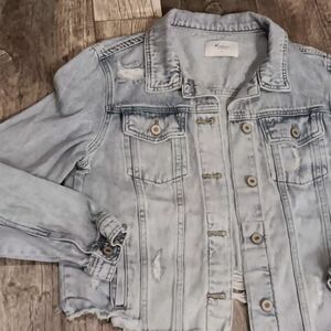 Destroyed Denim Raw Edge Jacket Women Sz L Shacket Festival Revival Grunge Coat